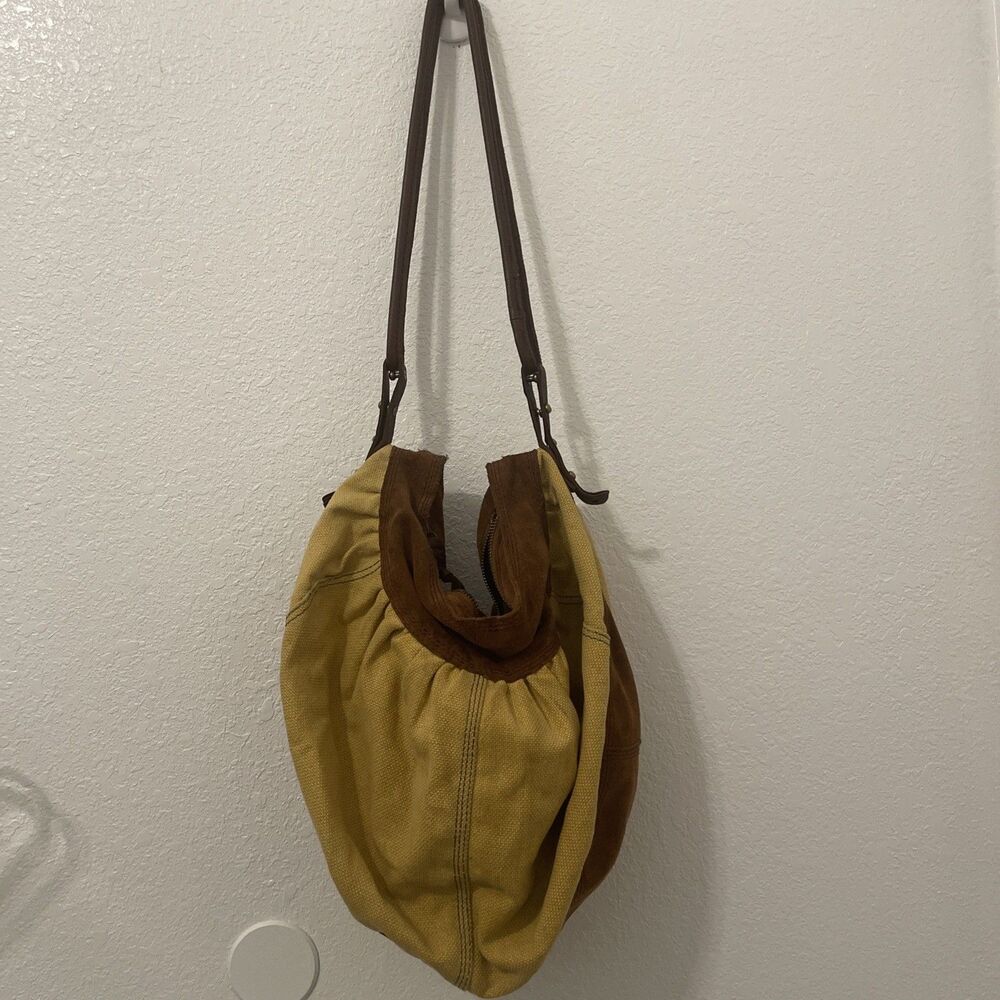 Vintage Lucky Suede Canvas shoulder Handbag funky Boho hippie cinch Flaws